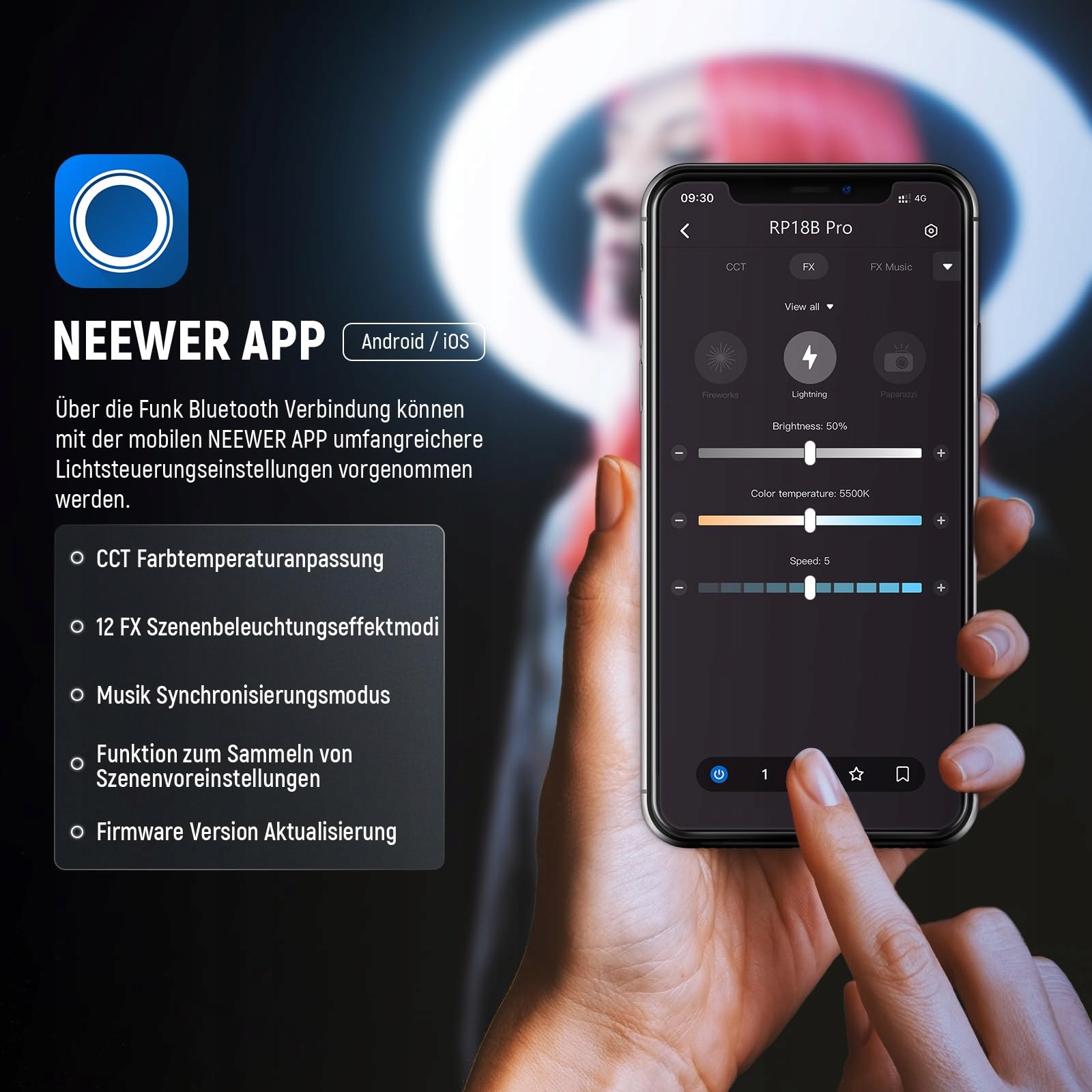 NEEWER Profesjonalne Ring Light 18" 45W Stojak Uchwyt Telefonu Aplikacja — miniatura 5