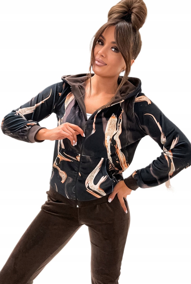 Hnědá Sametová Tepláková Souprava Moon Teplákovka Mikina S Kapucí , Kalhoty S/m 36/38