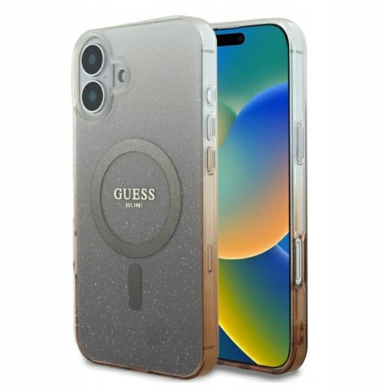 Guess IML Glitter Gradient MagSafe – Pouzdro pro iPhone 16 Plus (hnědé)