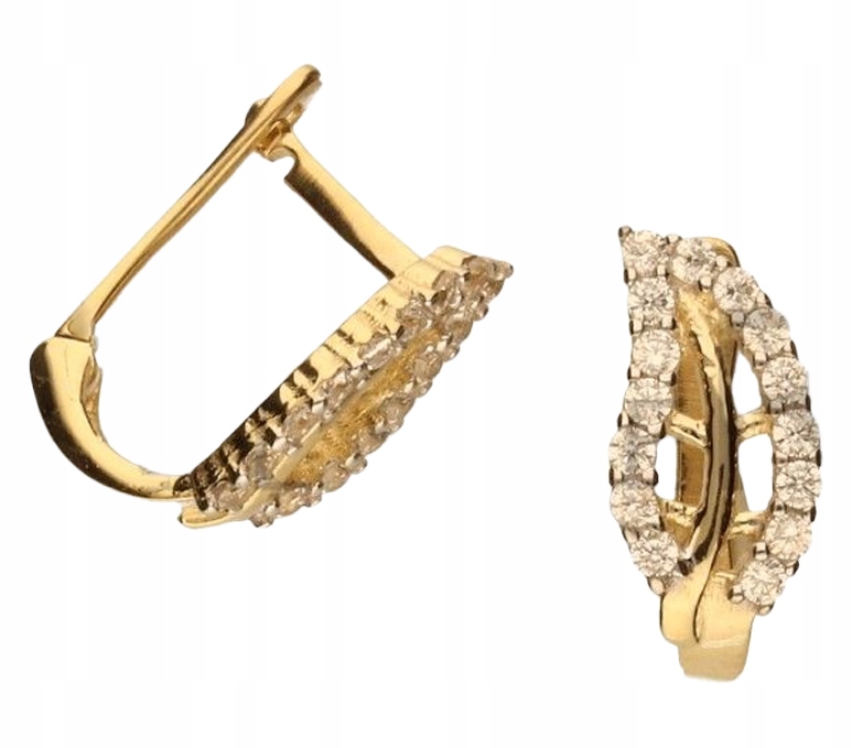 Náušnice zlaté ryzosti 585 s bílými zirkony motiv listů elegantní 14KT