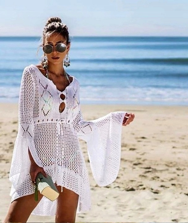 PAREO NARZUTKA LETNIA PLAŻOWA BOHO KORONKA Kolor biały