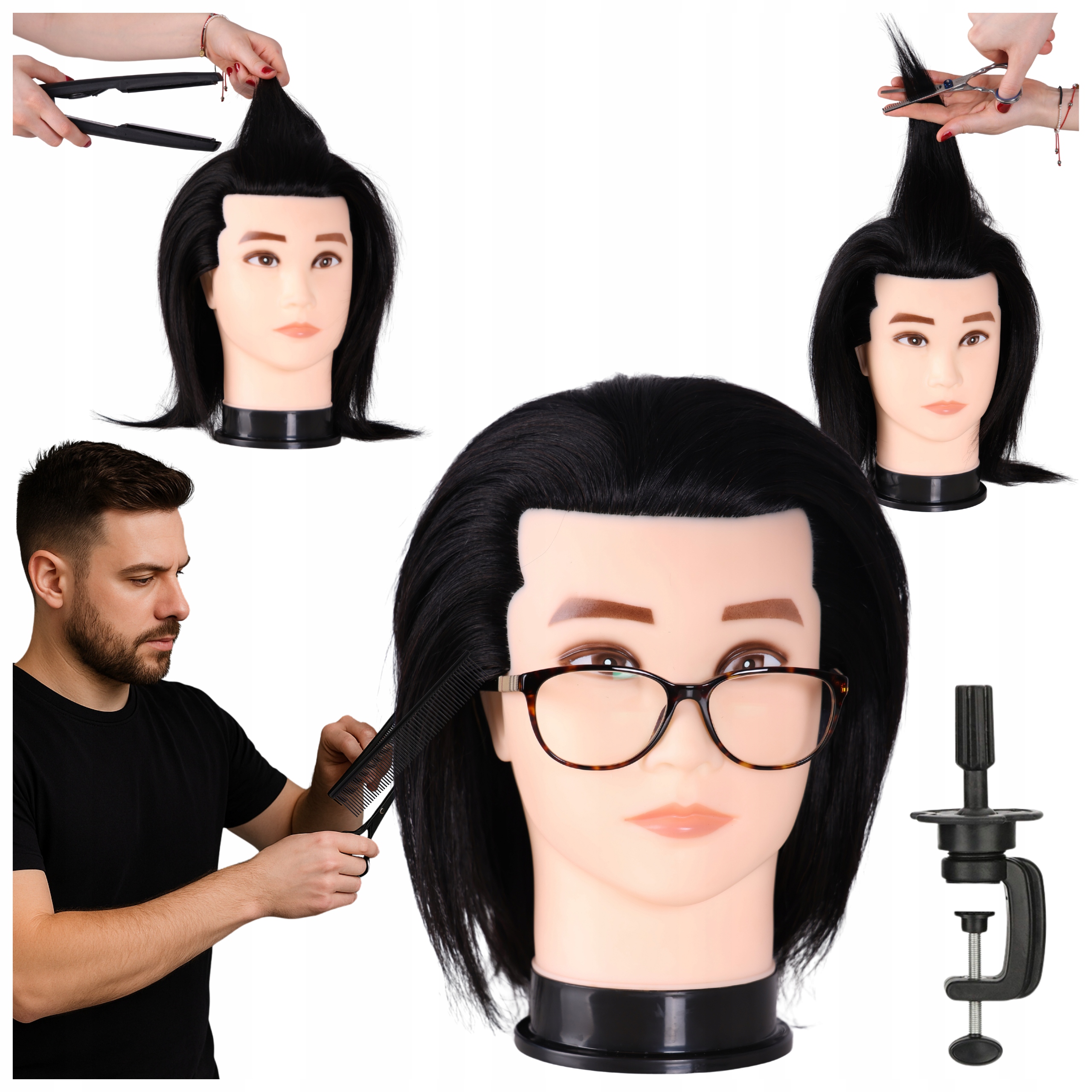 Pánská kadeřnická hlava, tréninková figurína, střih, přírodní vlas