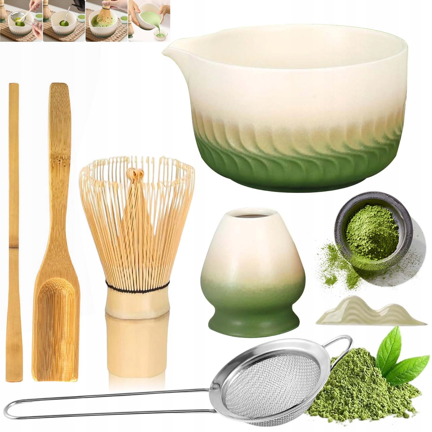 Zestaw Prezentowy Do Herbaty Matcha 7-CZĘŚCIOWY Zestaw Podstawka Łyżeczka