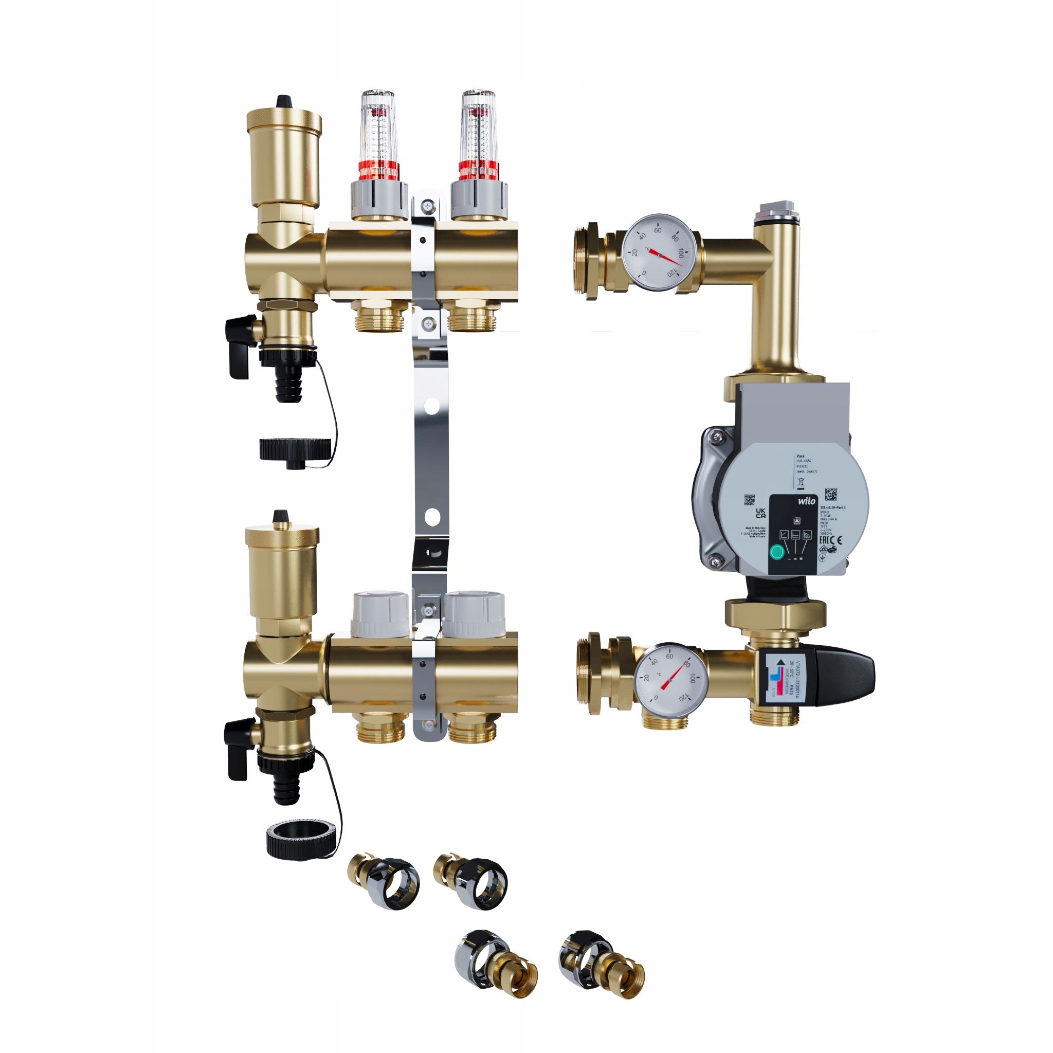 Rozdělovač pro podlahové topení 2 sekce Spojky Pex Čerpadlo Wilo