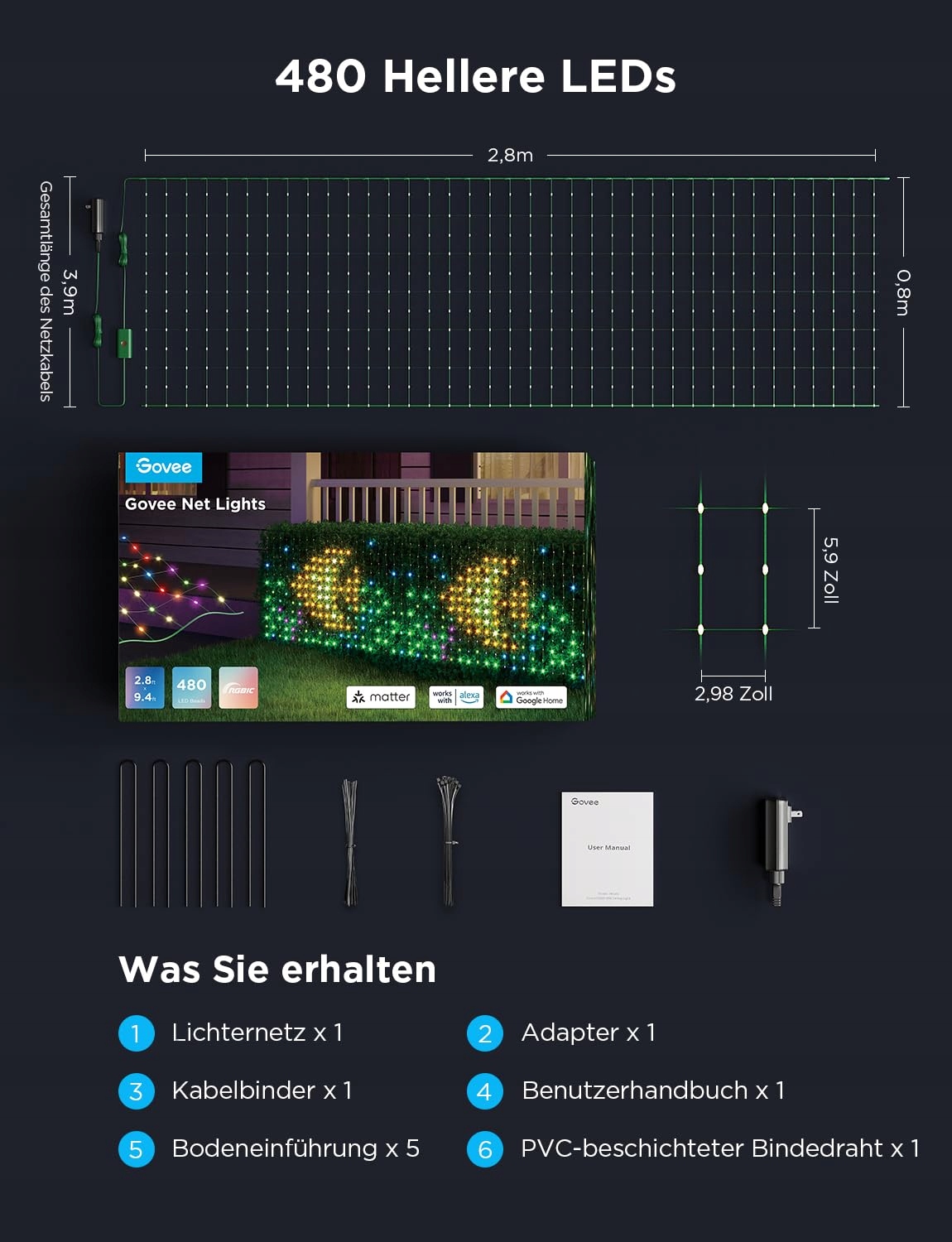 GOVEE Lampa Siatkowa LED 480 Smart Zewnętrzna IP65 Alexa Halloween — miniatura 7