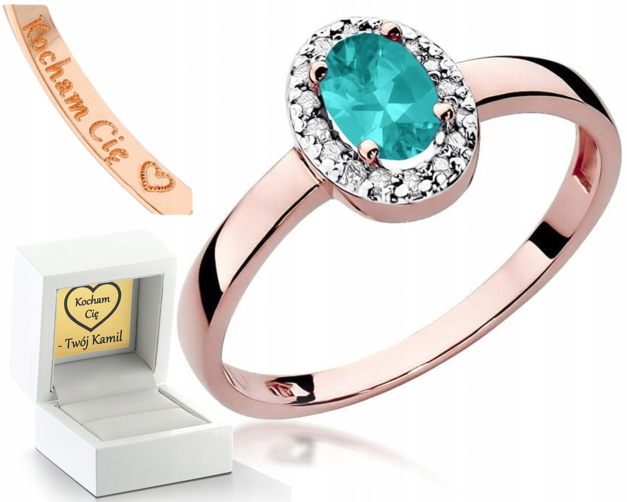 Prstýnek Růžové Zlato Se Smaragdem A Diamanty Gravírování 585