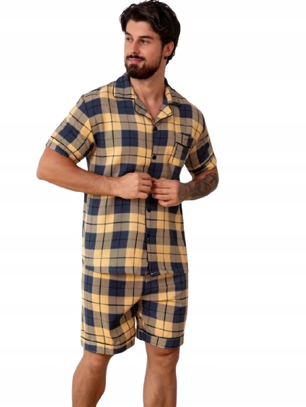 Rozepínací Pánské Pyžamo Horní Část Kompletně Zapínaná Na Knoflíky Šortky Mřížka L