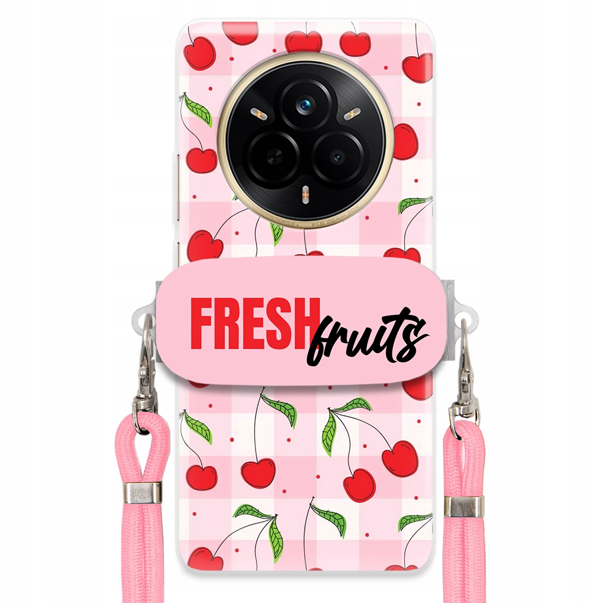 Puzdro pre Realme 14 Pro 5G Case Držiak šnúrok Ružový Fresh Fruits Mriežka