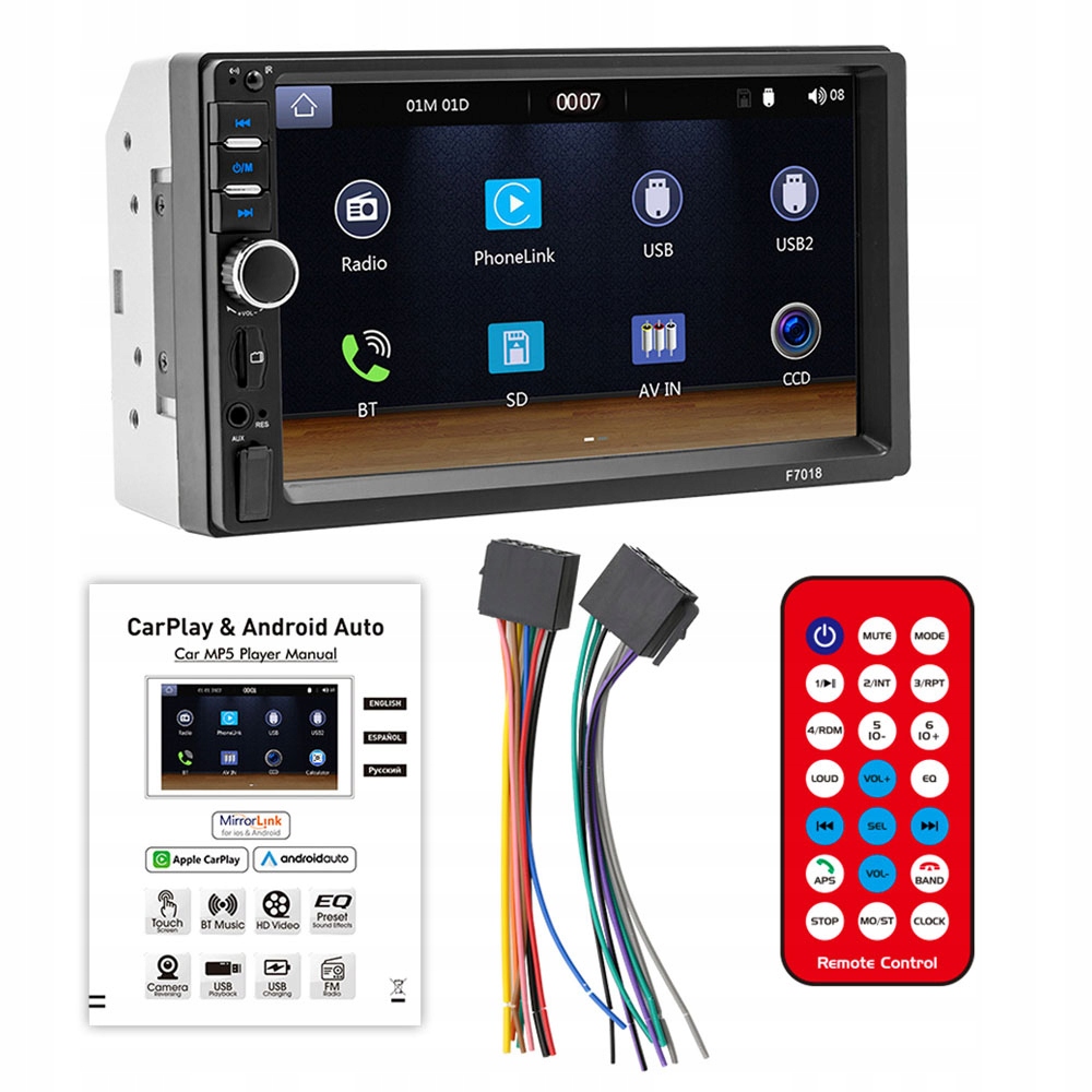 RADIO SAMOCHODOWE 2 DIN BLUETOOTH ANDROID CARPLAY 7 CALI POLSKI/CZESKI