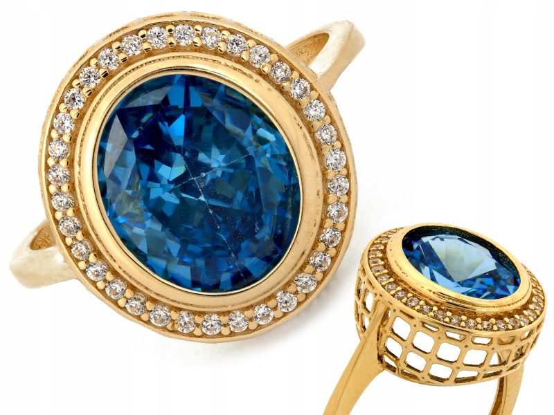 Velký 585 zlatý prsten s modrým očkem, prolamovaná objímka na topu r23