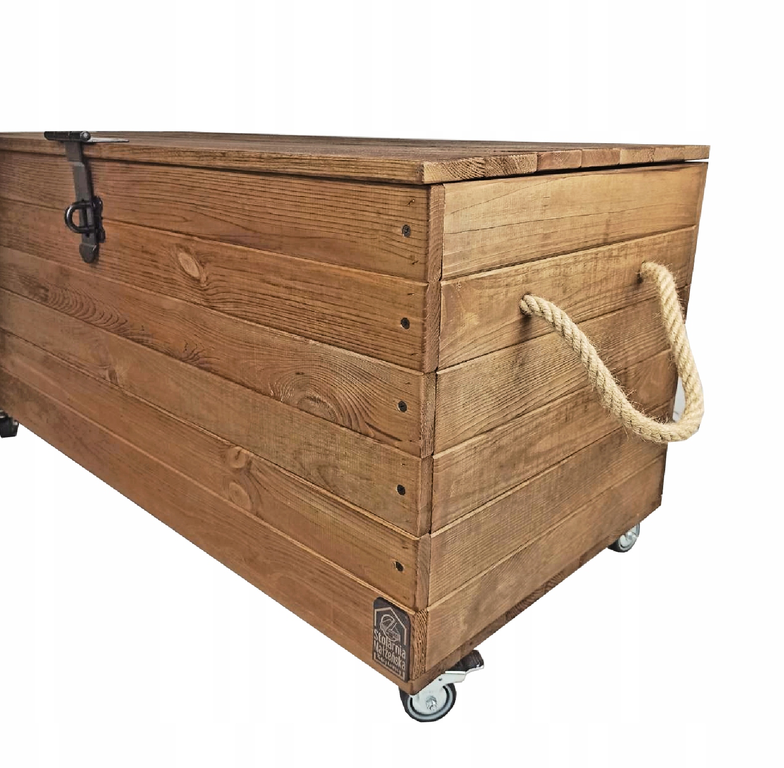 DREWNIANA SKRZYNIA NA KÓŁKACH KUFER Z UCHWYTAMI Pojemność skrzyni 180 l