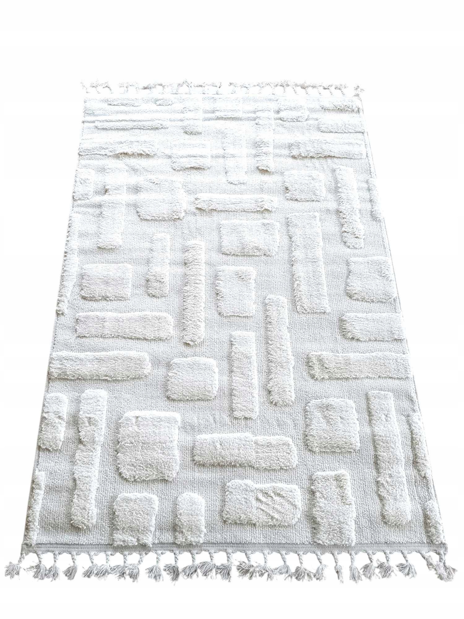 Koberec do obývacího pokoje 200x290 cm, měkký krémový plyšový, boho vzor, 3D efekt