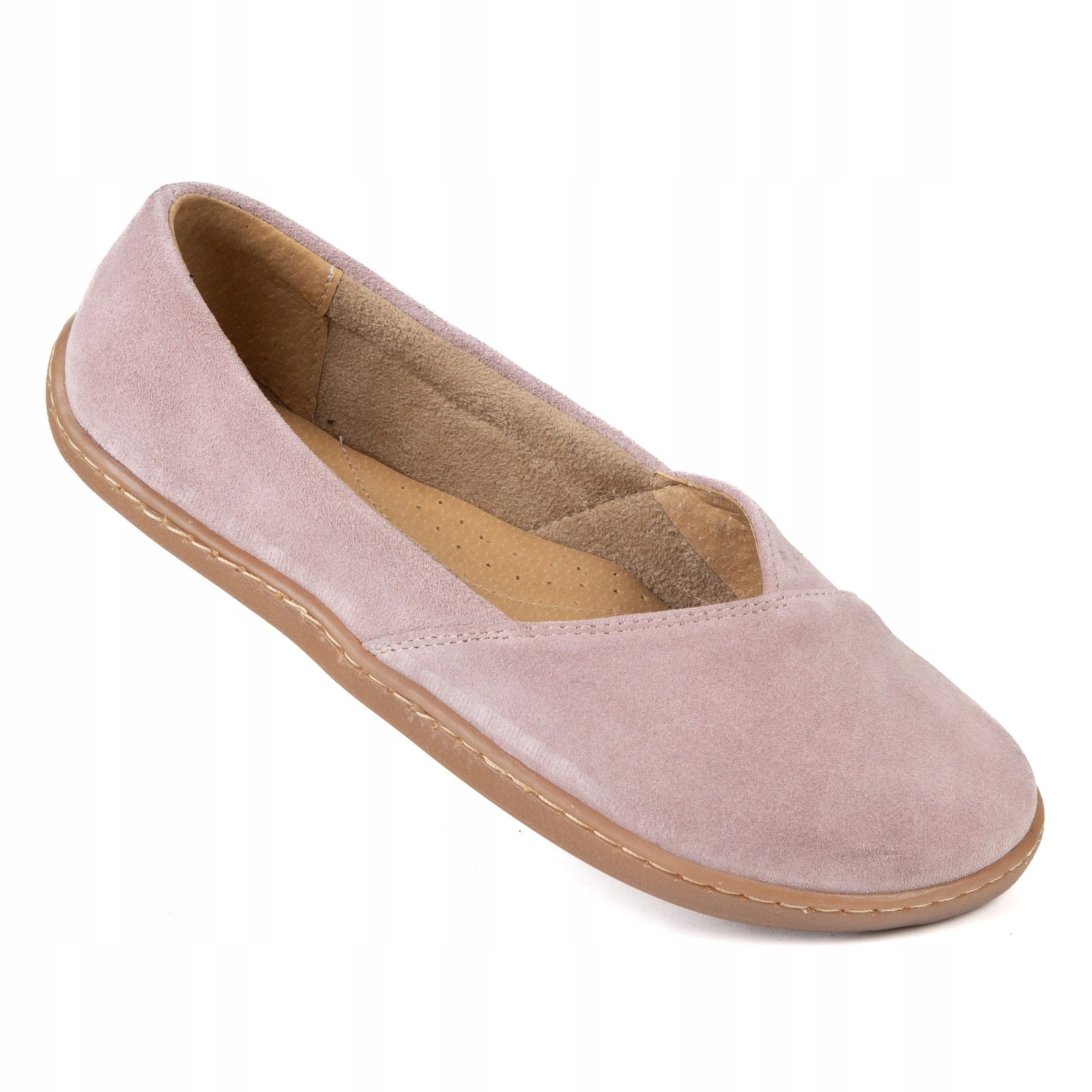 Skórzane damskie baleriny barefoot na szeroką stopę Ease puder welur 40
