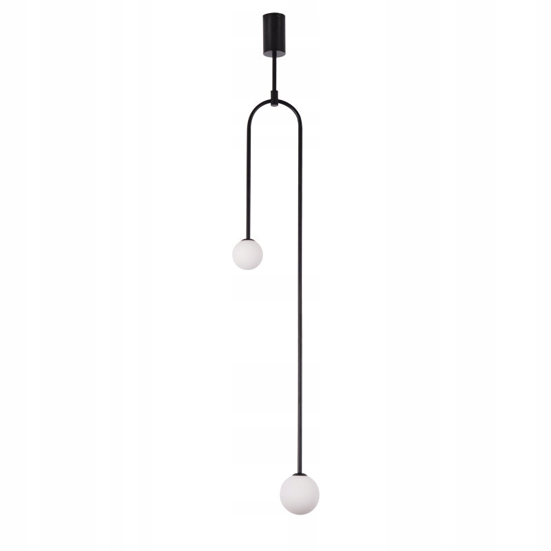 Dlhá závesná lampa Loop čierna nad posteľou, nočný stolík v spálni 123 cm