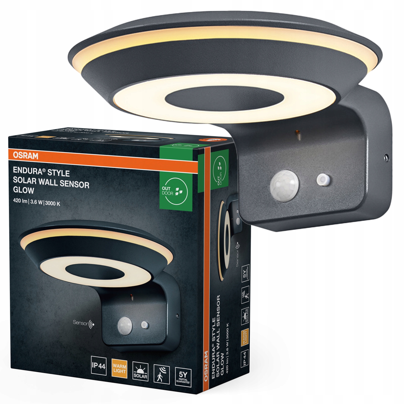 Solárne nástenné svietidlo Led Snímač pohybu súmraku 3.6 W 3000K IP44 Endura