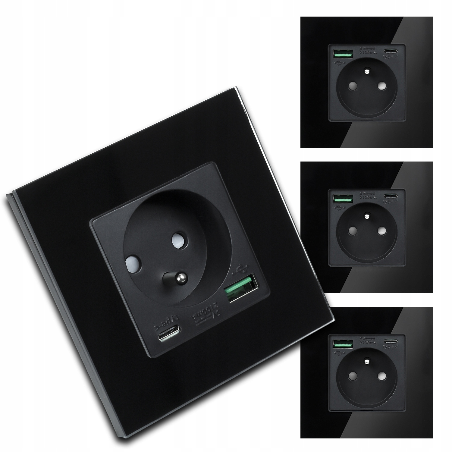 4x Moderní Černá Elektrická Zásuvka Sklo S Zabudovanou Usb Nabíječkou