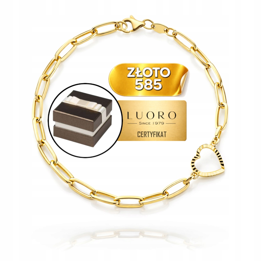 Náramek Zlatý 585 14K Dlouhé Diamantové Články Srdce 19 CM