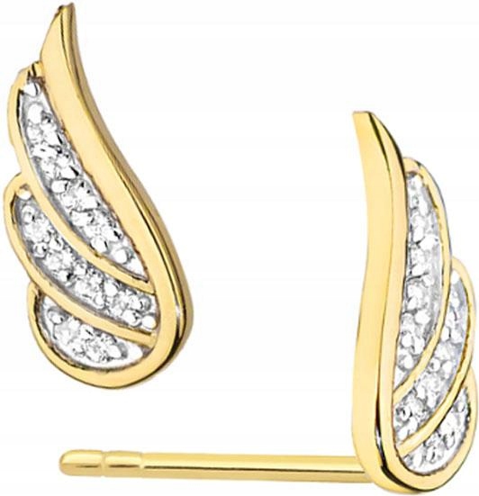 Zlaté náušnice 585 křidélek s diamanty tyčinka šroubky jako dárek 14k