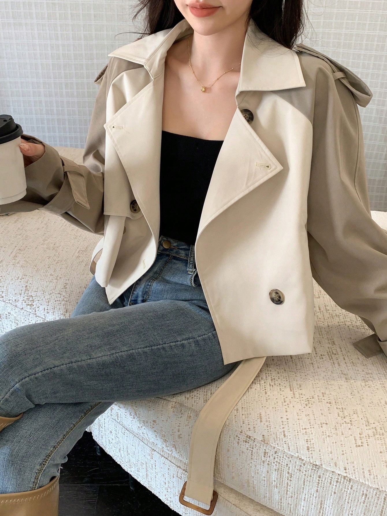 Dámský Kabát Trenčkot Krátký Dvoubarevný Casual Dazy S 36