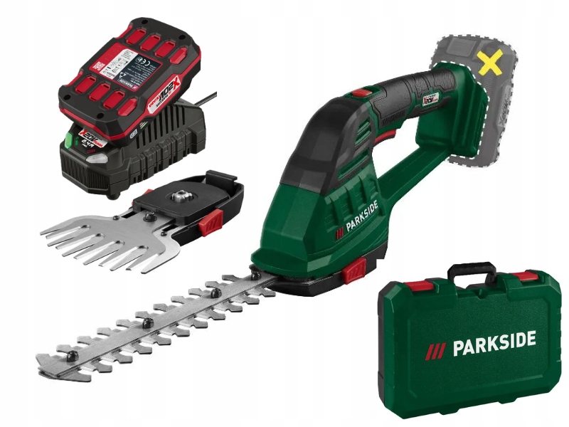 Zestaw Nożyce akumulatorowe Parkside 2w1 do trawy i krzewów aku 2Ah