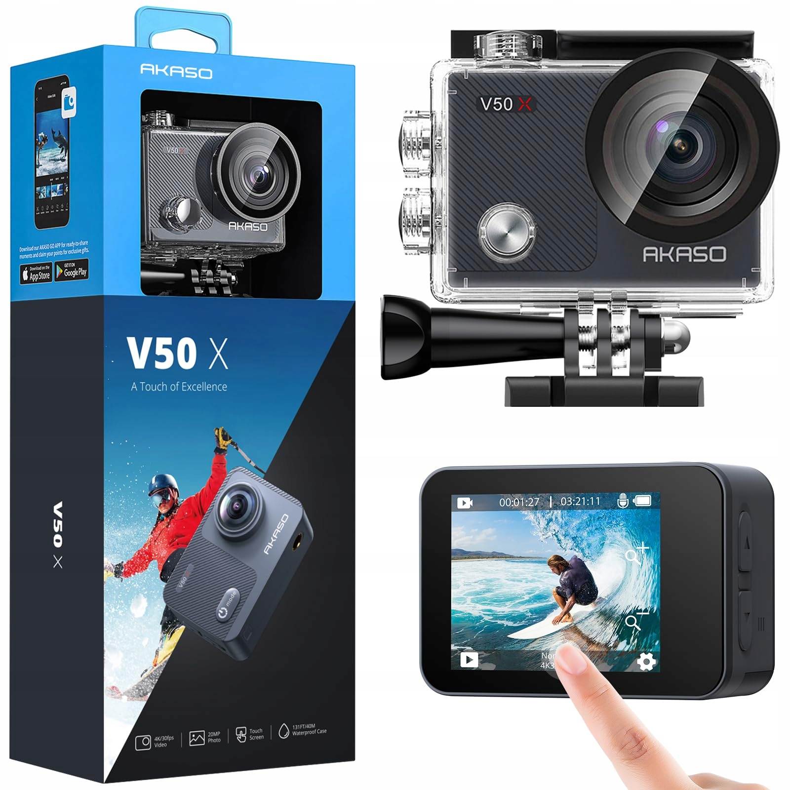 AKASO Kamera Sportowa 4K 30FPS 20MP WiFi Wodoodporna 40M EIS Zoom 4X