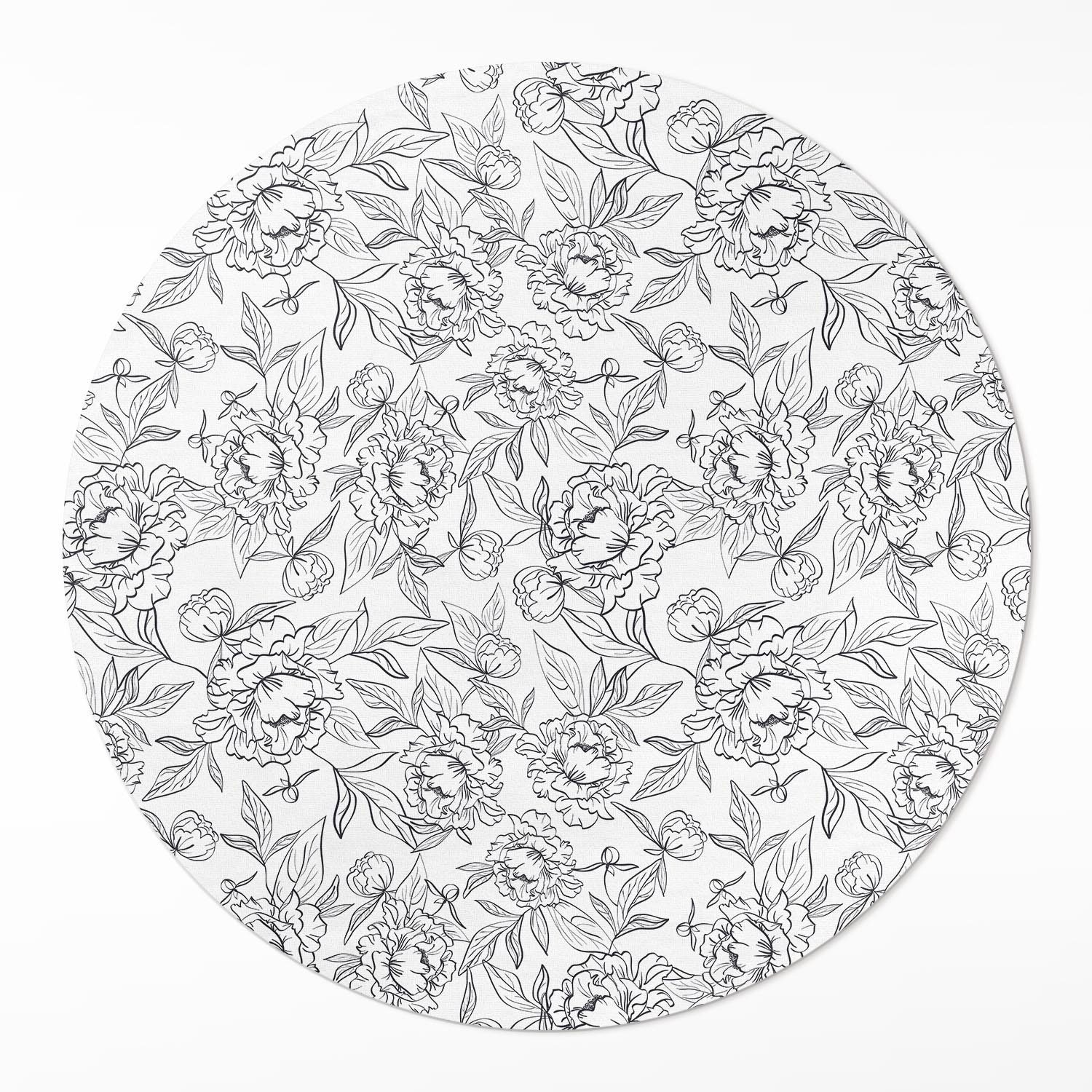 Okrúhly vinylový koberec do kancelárie Náčrt kvetov pivoniek a vintage listov ⌀ 100 cm