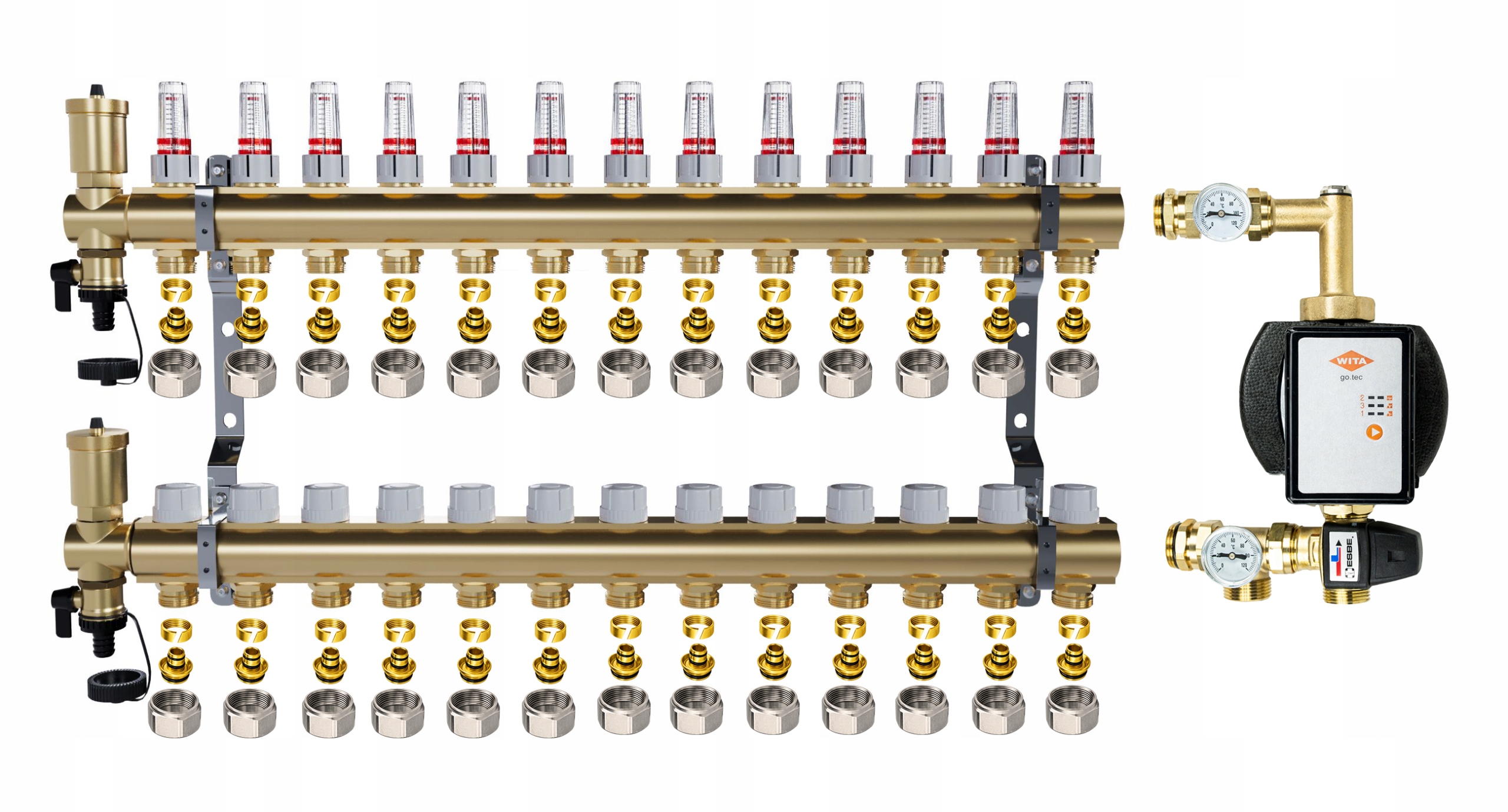 Rozdělovač pro podlahové topení 13 sekcí Spojky Pex Čerpadlo Wita