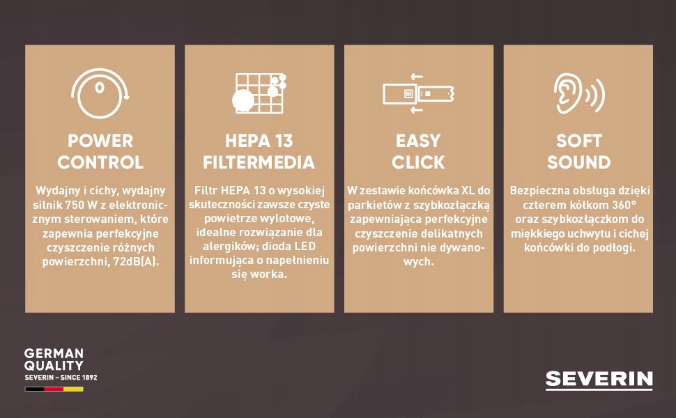 ODKURZACZ WORKOWY „S´ POWER SNOWHITE 750W ZESTAW KOŃCÓWEK SREBRNY Filtr HEPA 13