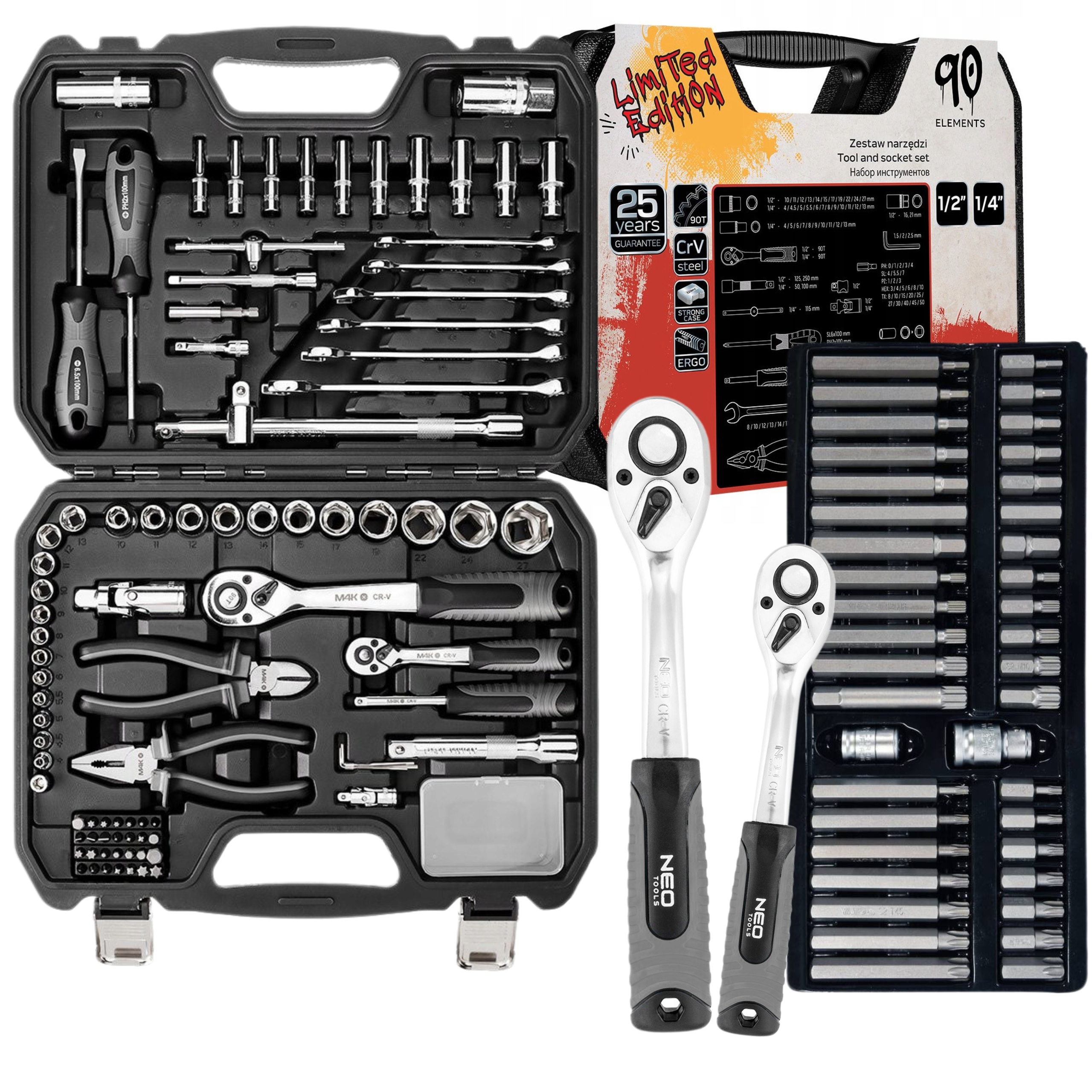 NEO ZESTAW KLUCZY NASADOWYCH 90E 1/2" 1/4" NASADKI BITY +TORX 40SZT M4K
