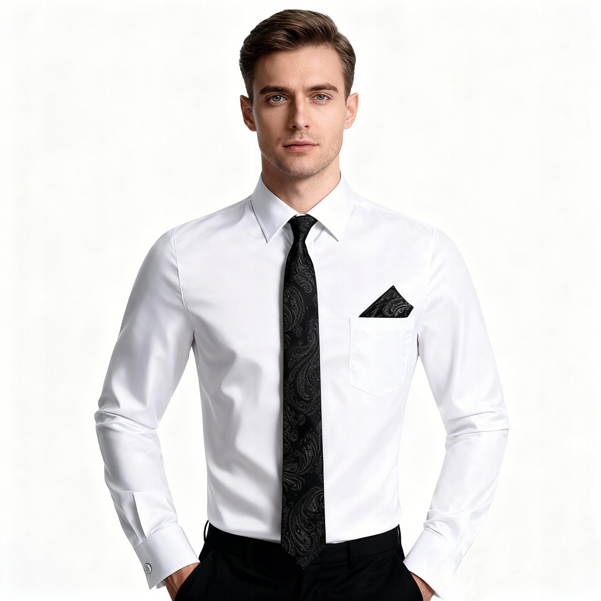 Męska Koszula Wizytowa z Długim Rękawem, Krawatem i Chusteczką, Biała, L