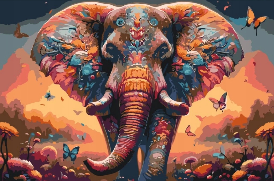 Diamantová výšivka Slon Barevný Květiny Růžový Motýl Savana Čtverce 40x60cm