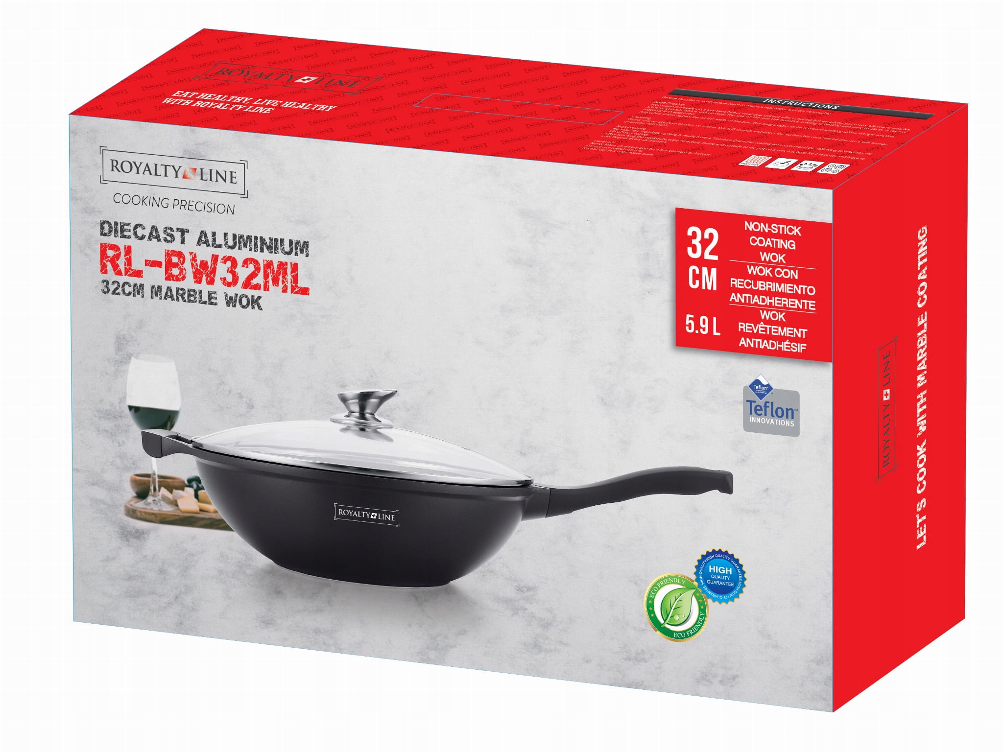 GŁĘBOKA PATELNIA indukcja marmurowa PATELNIA WOK Z POKRYWĄ duża 32cm ROYAL Kolor czarny