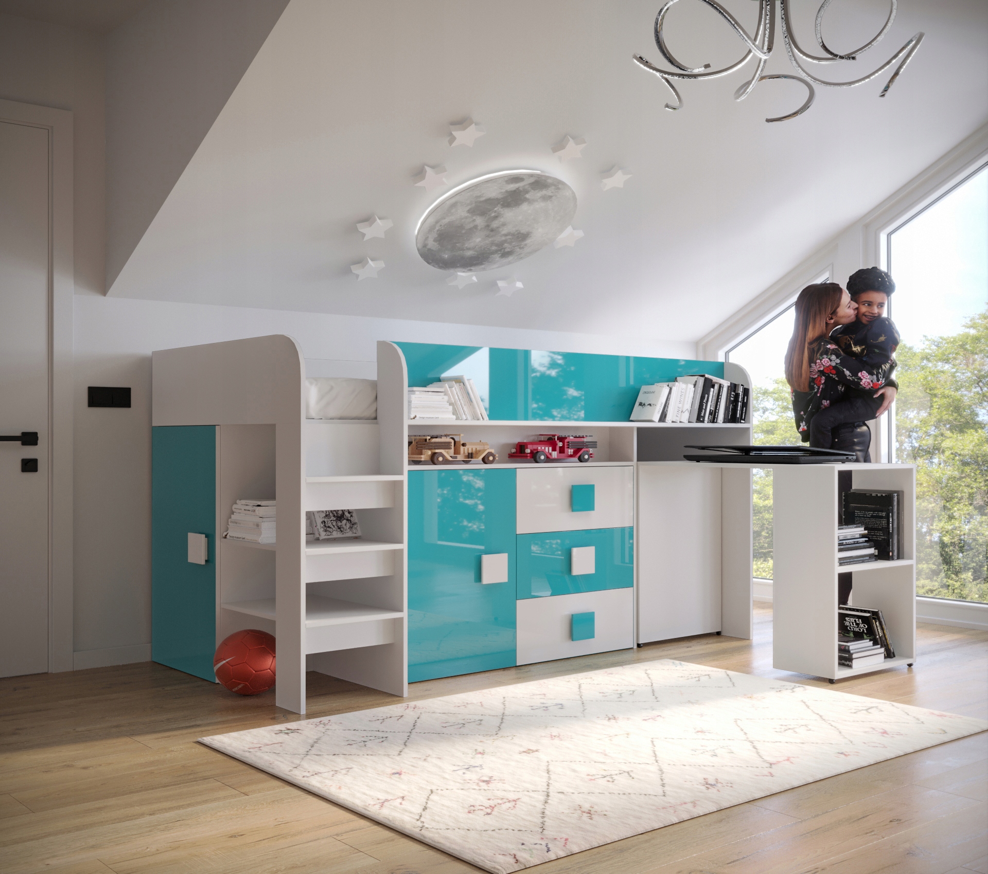 Łóżko piętrowe antresola TOLEDO 1 z biurkiem Szerokość produktu 254.4 cm