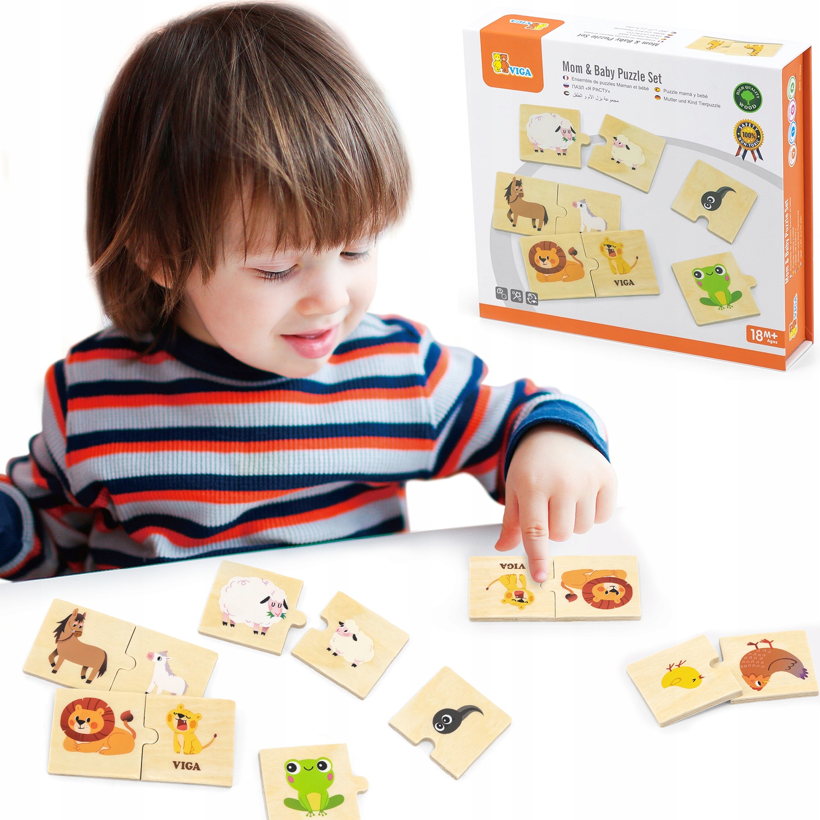 VIGA DREWNIANE PUZZLE KAFELKI UKŁADANKA DOPASUJ ZWIERZĄTKA MAMA I DZIECKO Marka Viga