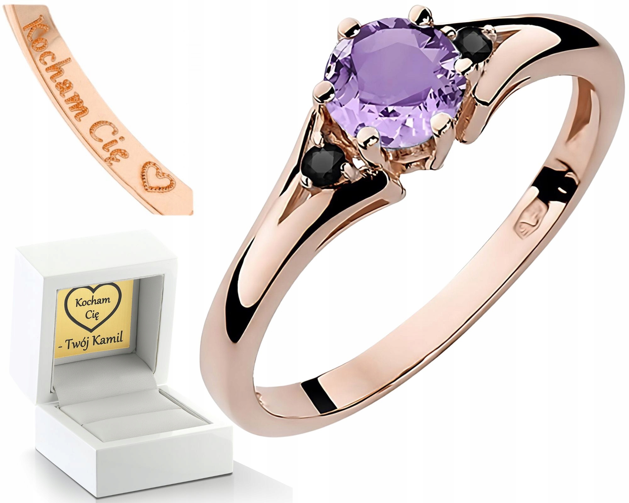 Růžový Zlatý Prstýnek S Ametystem, Diamanty, Zlato 585, Dárek Gravírování