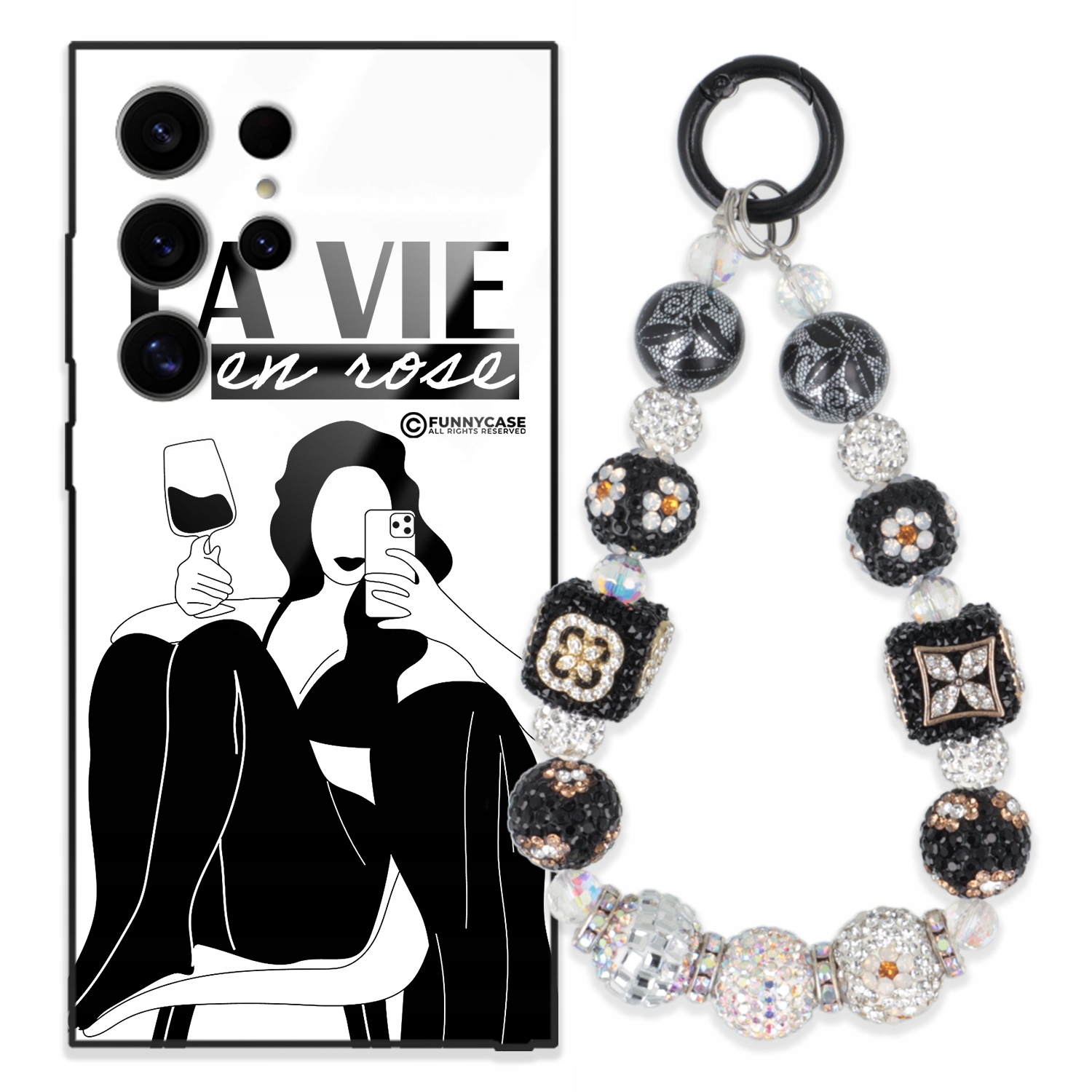 Pouzdro Pro Samsung S24 Ultra Glass Art Černobílý Přívěsek Na Klíče Zirkony Wz