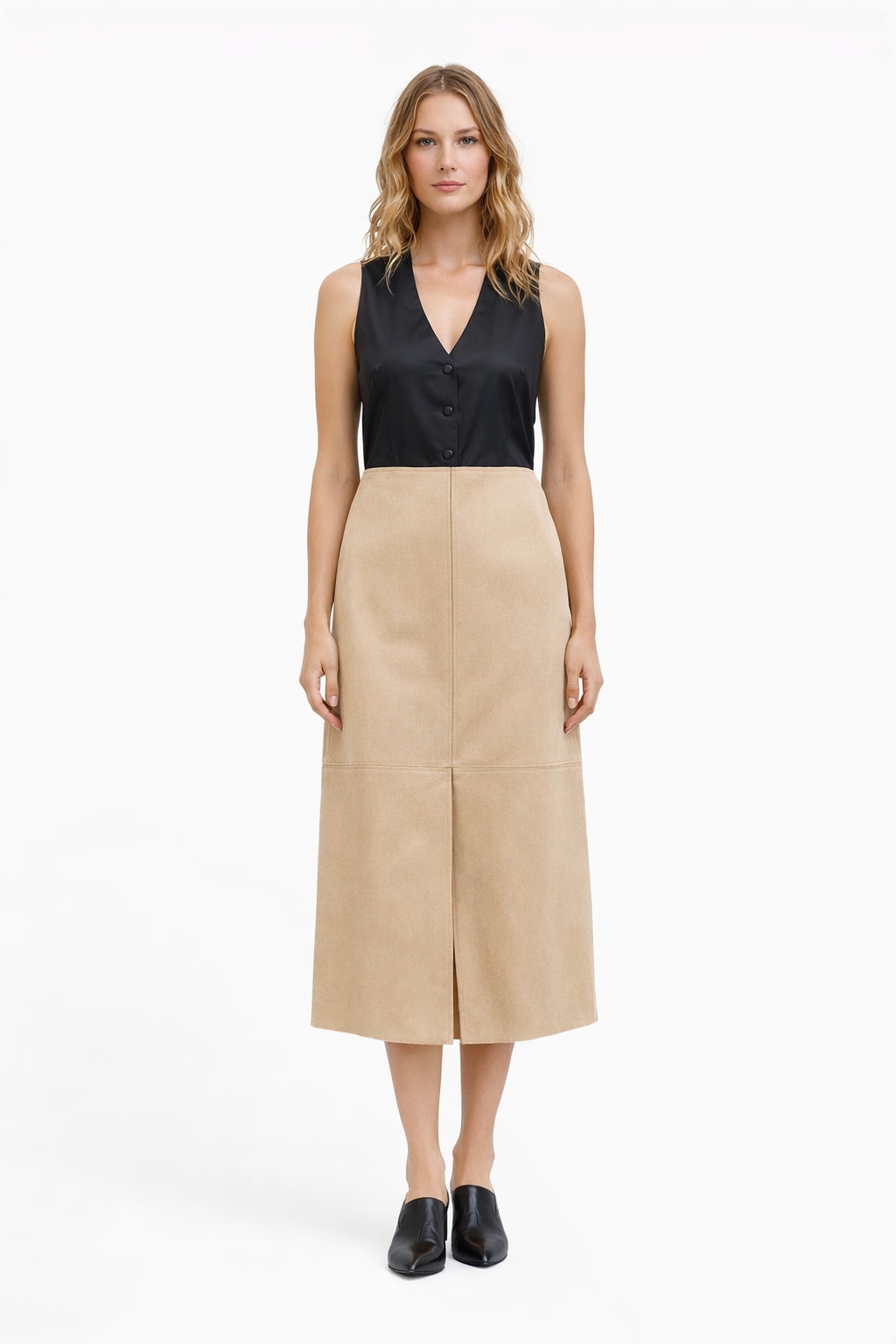 Béžová Jednoduchá Sukně Z Přírodní Kůže S 1I4A