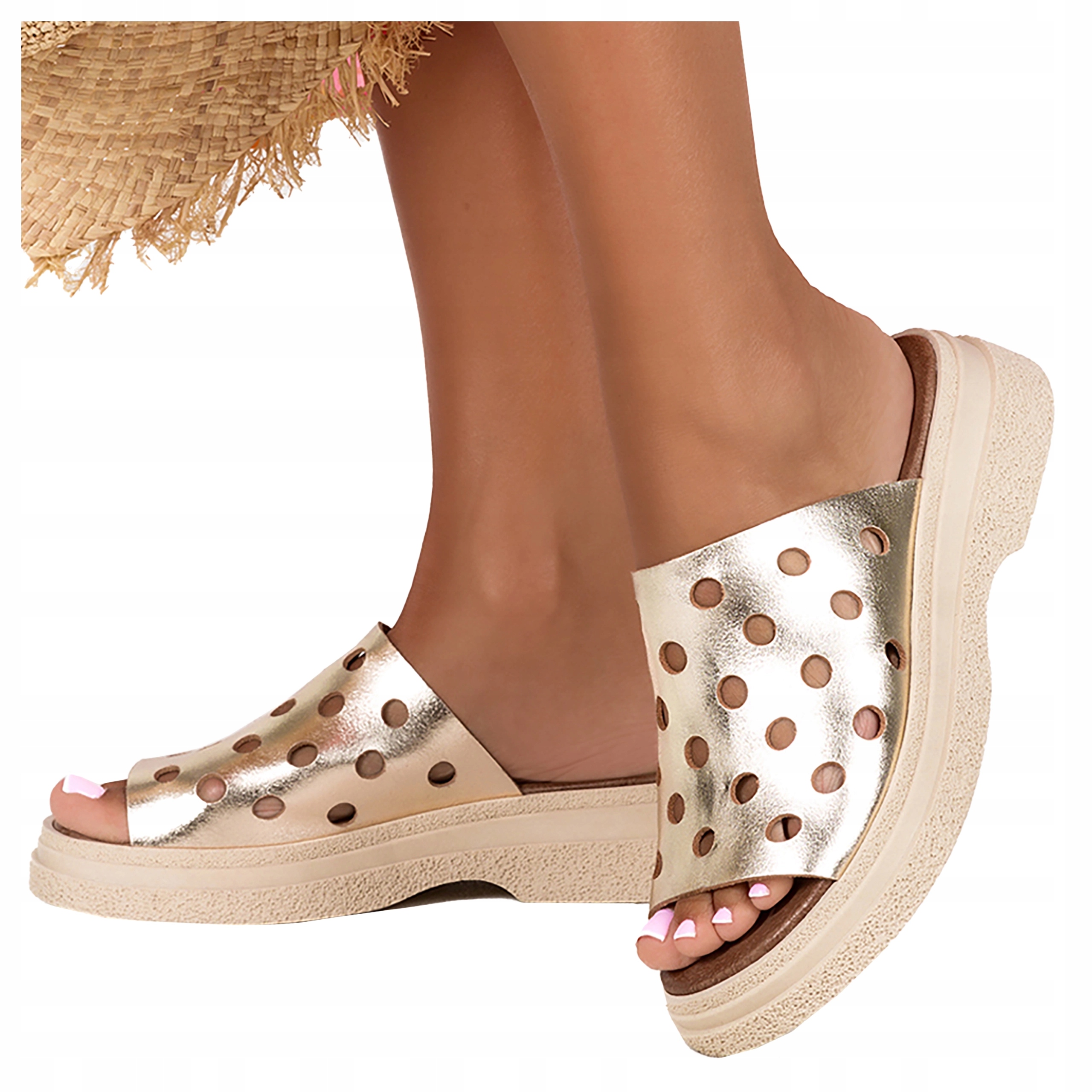 Kožené Žabky Dámské Zlaté ažurové zasouvací koturn Polský výrobek vel. 37