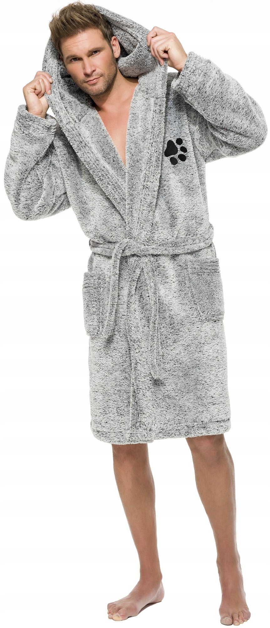 ŁAPKA GRUBY CIEPŁY SZLAFROK MĘSKI Z KAPTUREM L Marka L&L