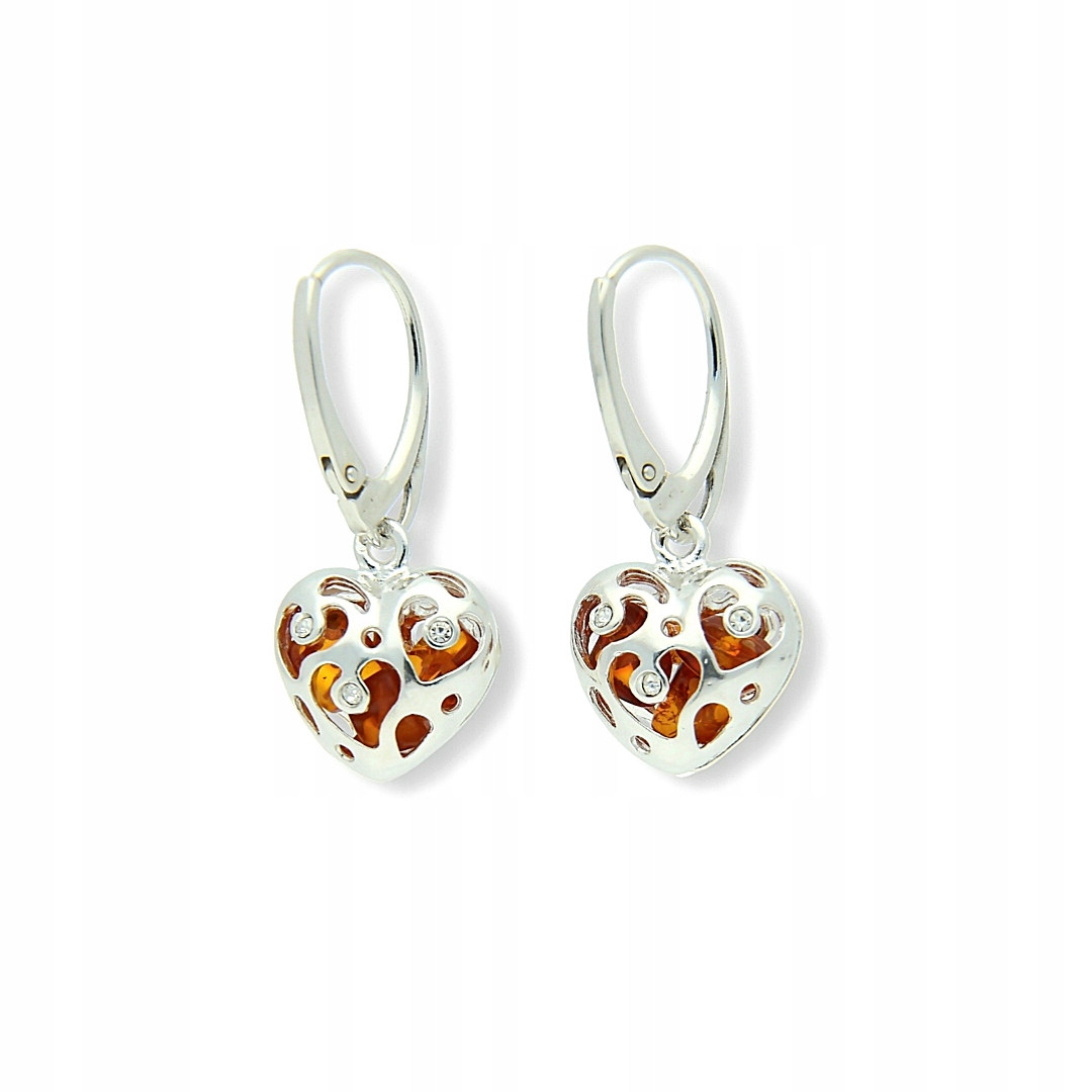 Srdce Stříbrné Ažurové Náušnice S Jantarem Srdce