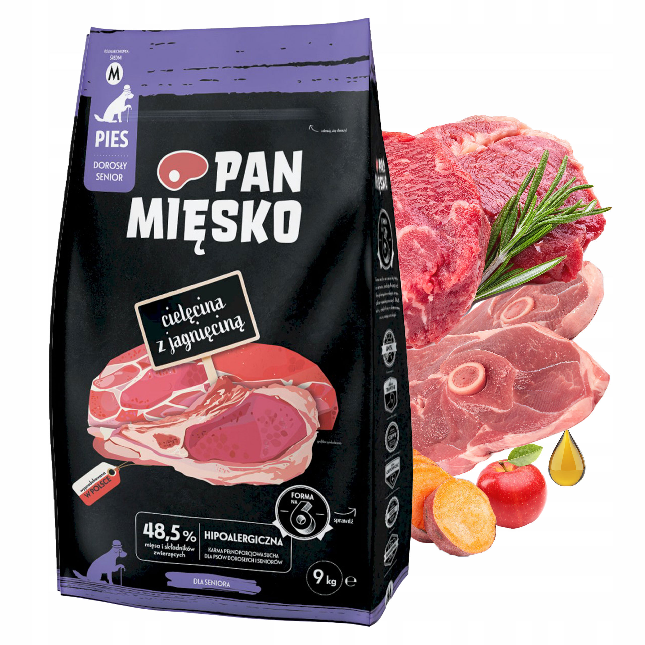 Levně Krmivo pro psy Pan Mięsko Telecí s jehněčím masem křupky M 9 kg senior