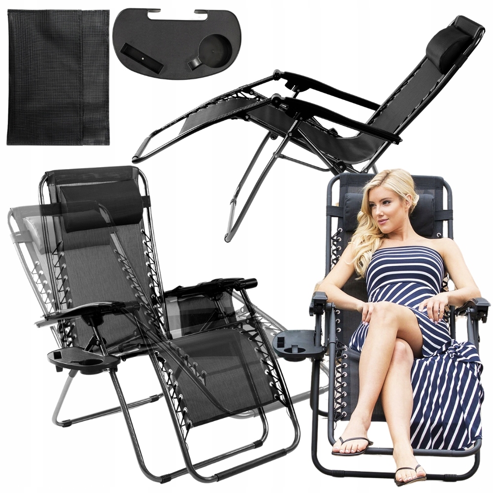 Leżak ogrodowy plażowy grawitacyjny fotel składany zagłówek tacka sakwa 130