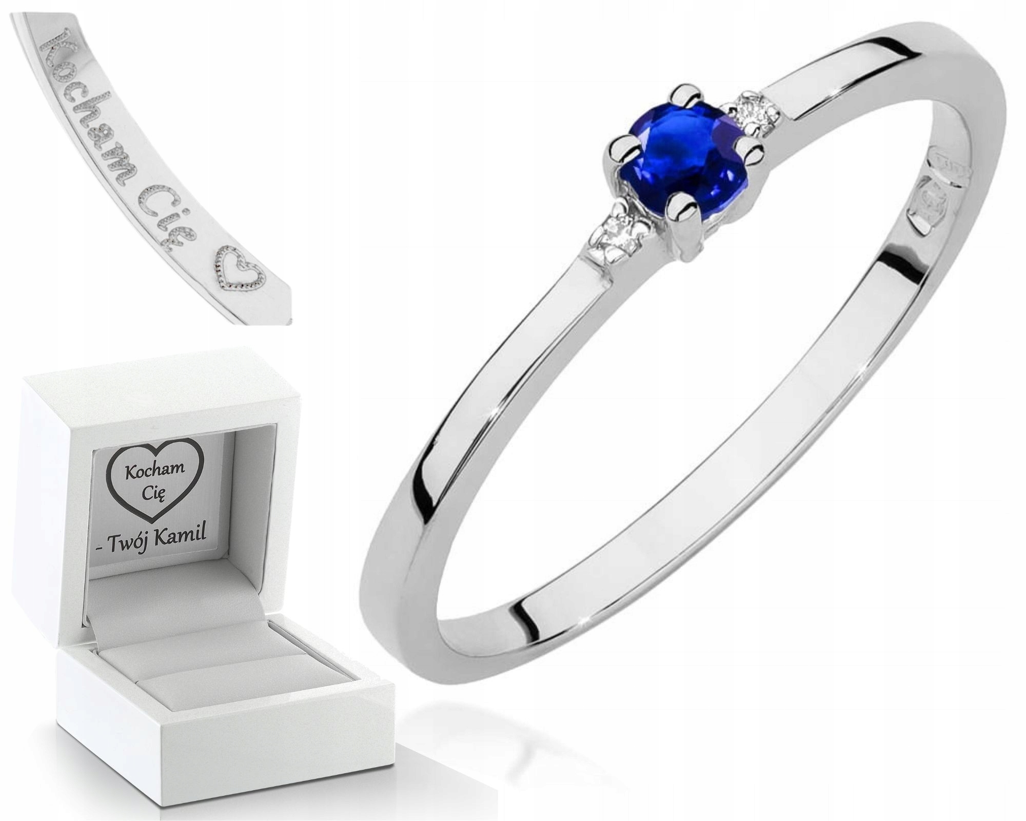 Zlatý Prstýnek Prsten Se Safíry A Diamanty, Gravírování Bílého Zlata