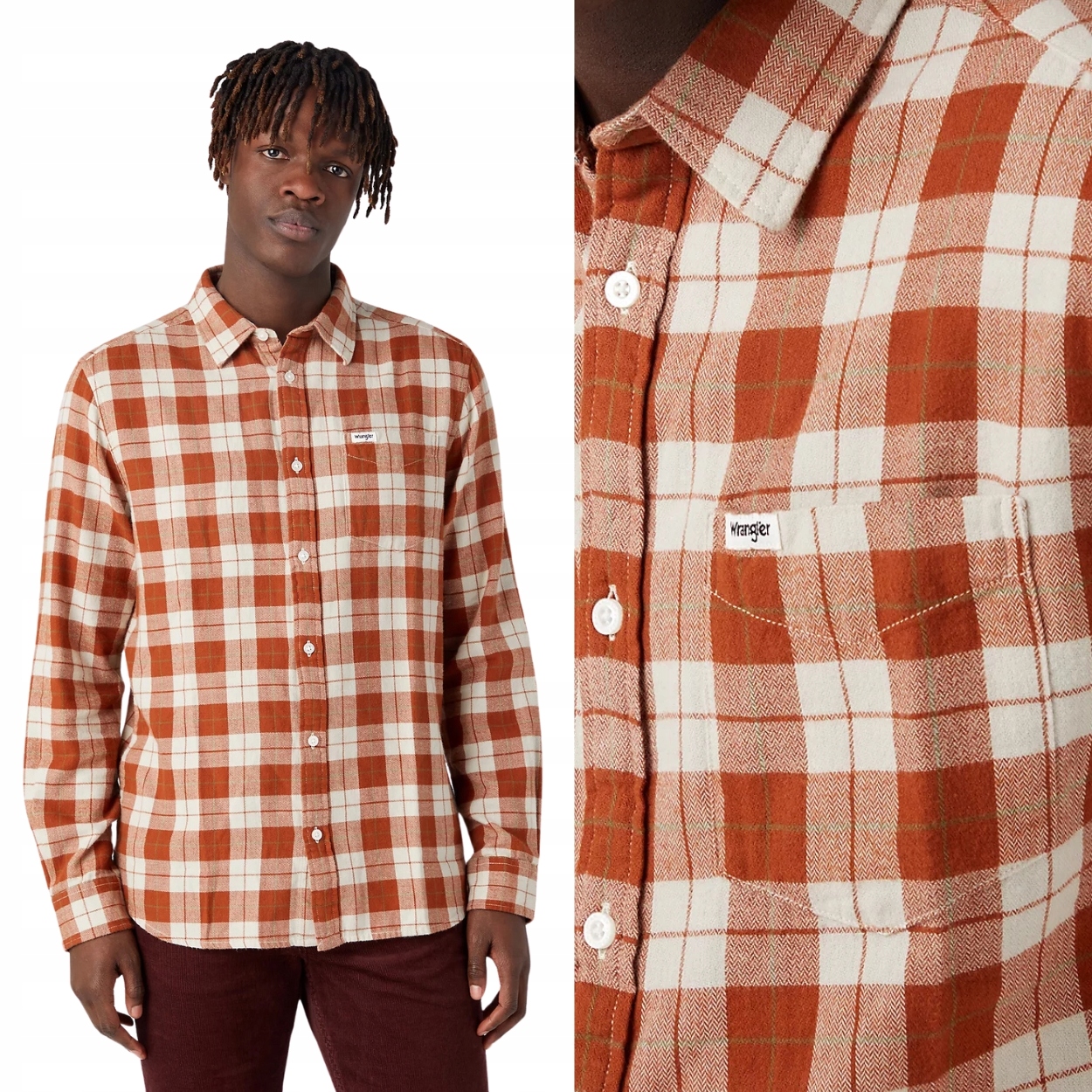 Wrangler 1 Pkt Shirt Leather Brown pánská kostkovaná bavlněná košile XXL