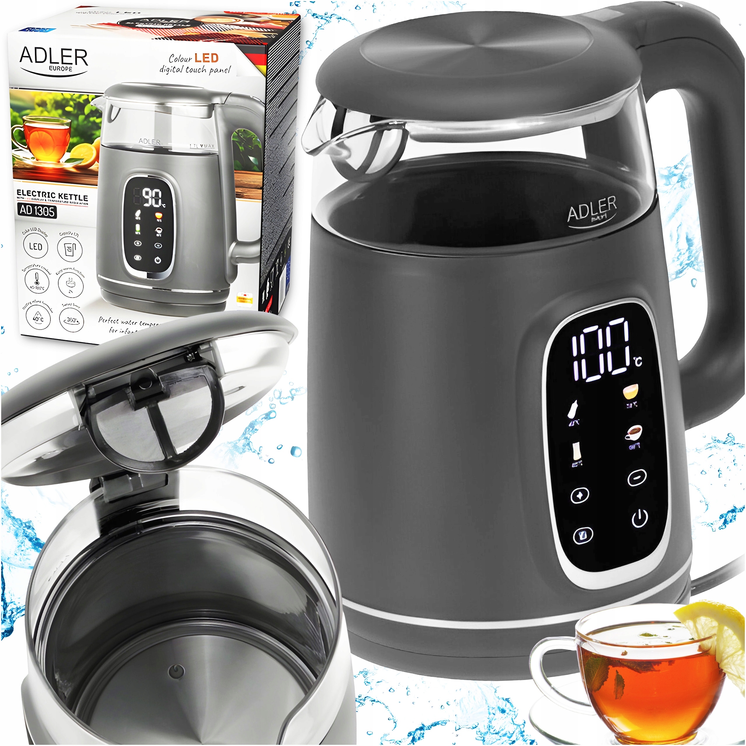 Czajnik Elektryczny 2200W Szklany Temperatury Dotykowy Led Adler Szary 1,7L