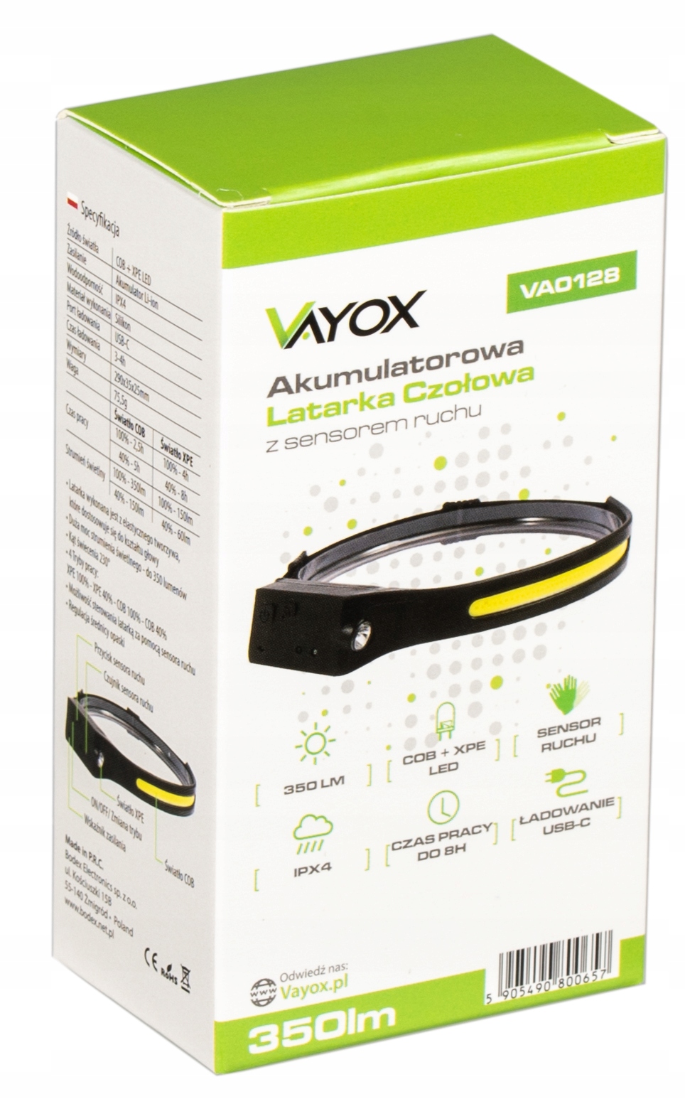 LATARKA CZOŁOWA CZOŁÓWKA AKUMULATOROWA PASEK LED SILIKONOWA USB-C IPX VAYOX Liczba trybów 5