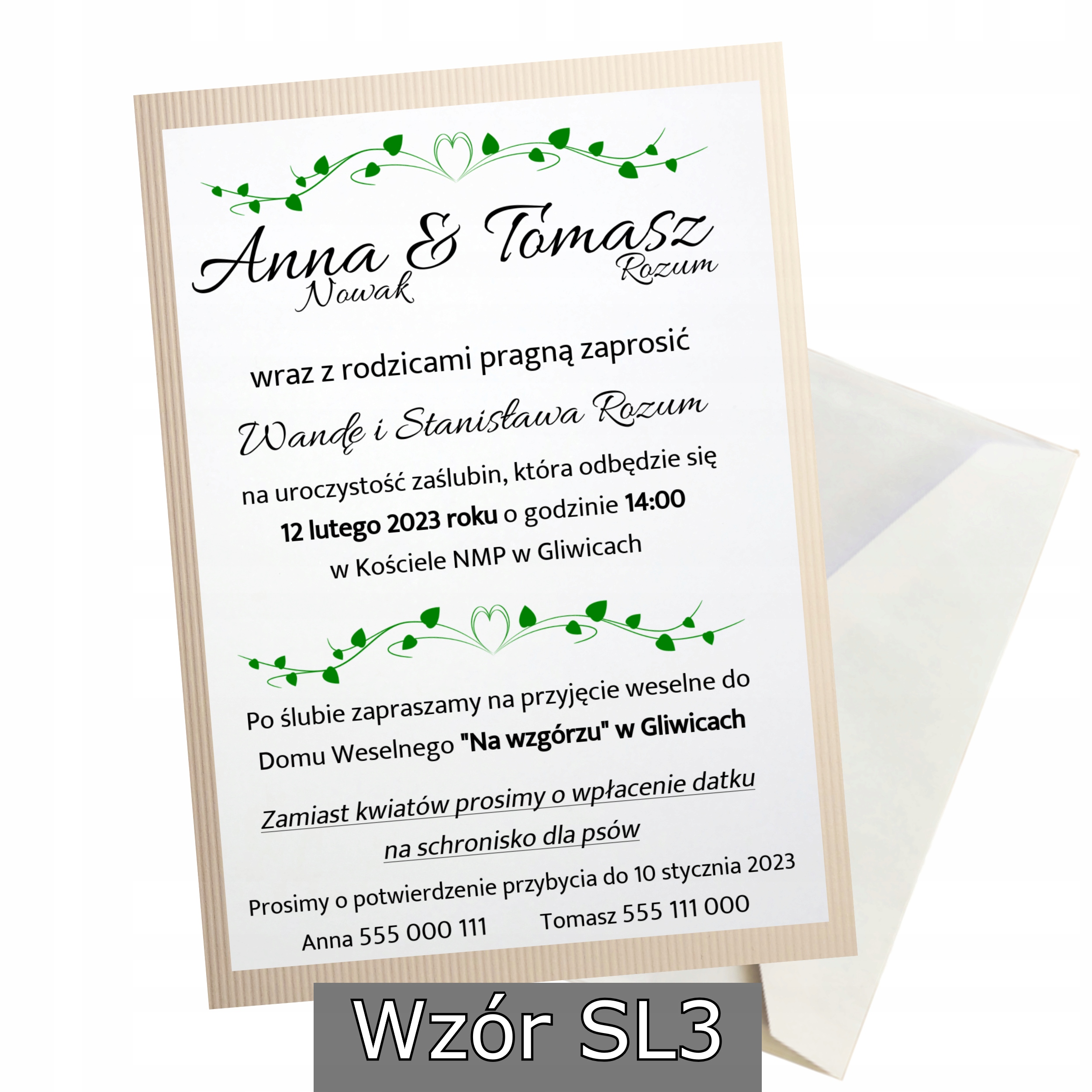 ZAPROSZENIE ŚLUBNE WESELNE + GRATIS KOPERTA Wykończenie papieru matowe