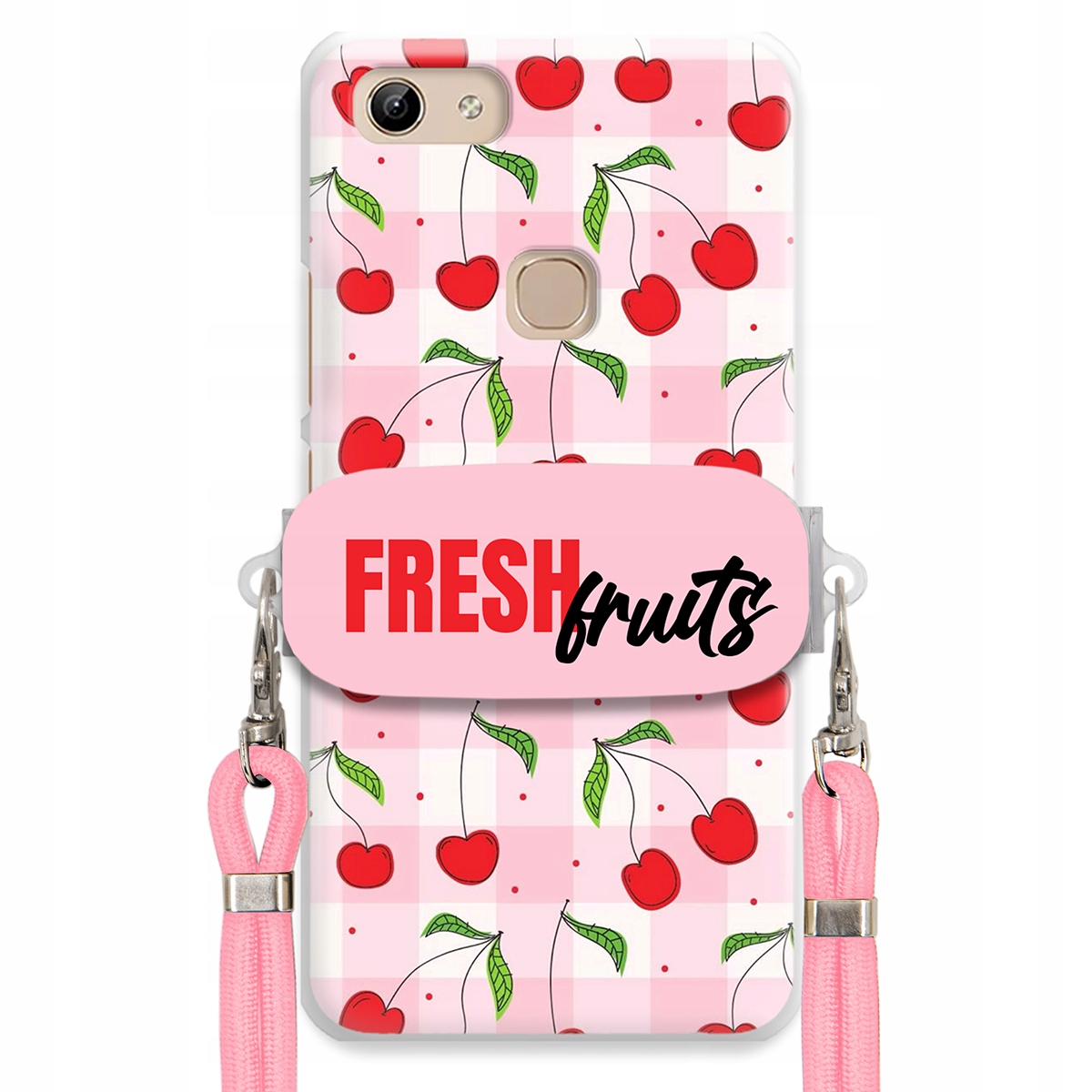Puzdro pre Vivo Y81 Case držiak na šnúrku Ružový Fresh Fruits Mriežka Ovocie