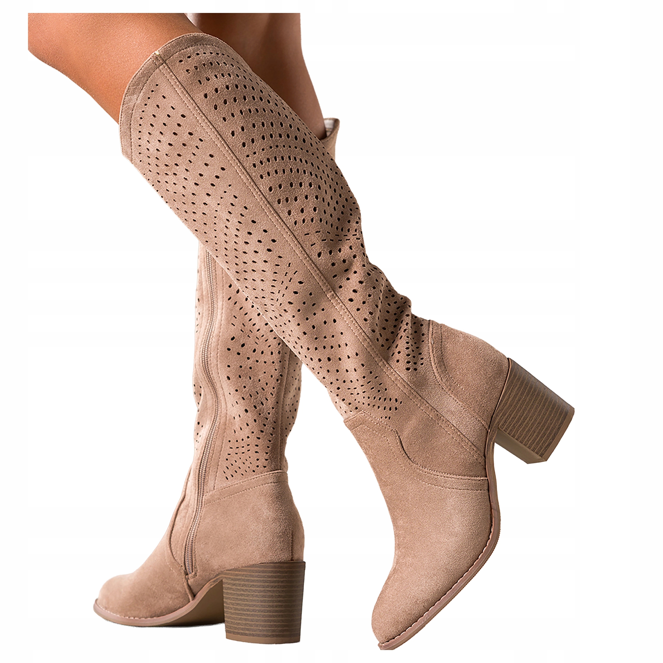 Béžové Kozačky Dámské Ažurové Svršek Pohodlné Před koleno Na Podpatku vel. 37