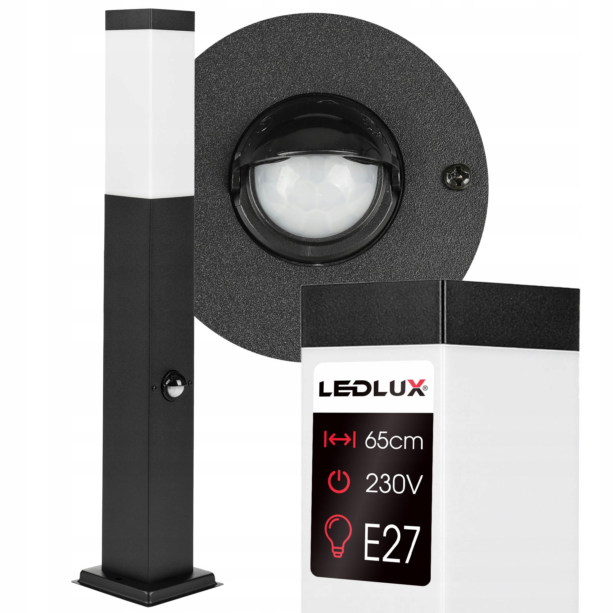 Lampa Ogrodowa Stojąca Słupek Ogrodowy do Led E27 45cm Czarny Czujnik IP44